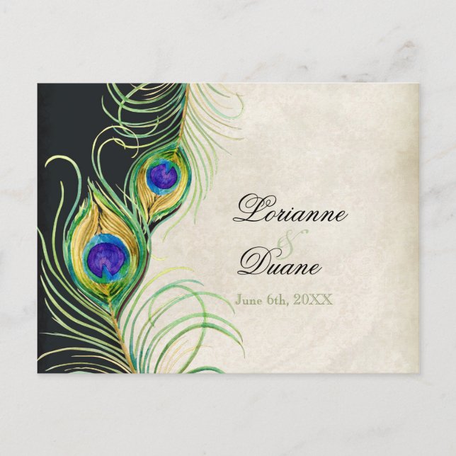 Peacock Feathers Black Damask UAWG Response Card Einladungspostkarte (Vorderseite)