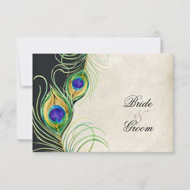 Peacock Feathers Black Damask UAWG Response Card RSVP Karte (Vorderseite)
