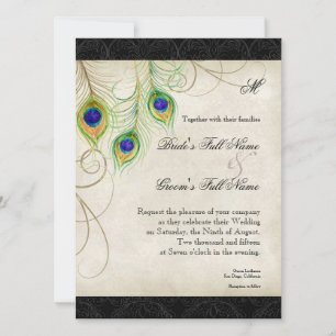 Peacock Feathers Black Damask Wedding Stationery Einladung