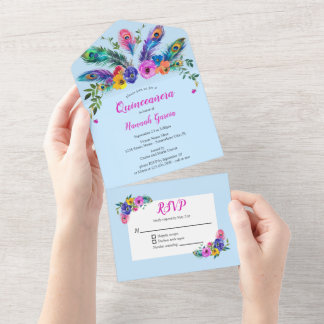 Peacock Feathers & Blume Baby Blue Quinceañera All In One Einladung