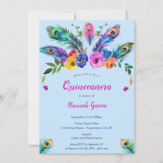 Peacock Feathers & Blume Baby Blue Quinceañera Einladung