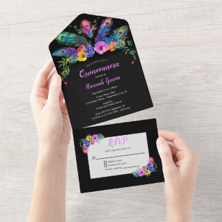 Peacock Feathers & Blume Black Quinceañera All In One Einladung