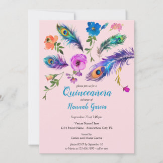 Peacock Feathers & Blume Blush Pink Quinceañera Einladung
