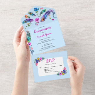 Peacock Feathers & Blume Quinceañera Baby Blue All In One Einladung