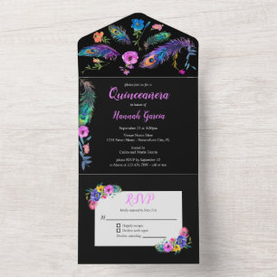 Peacock Feathers & Blume Quinceañera Black All In One Einladung
