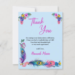 Peacock Feathers & Blume Quinceañera Blue Flat Dankeskarte