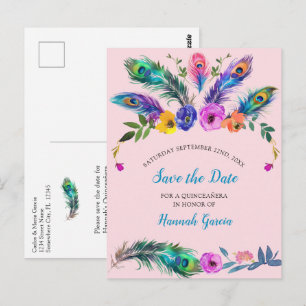 Peacock Feathers & Blume Quinceañera Blush Pink Postkarte