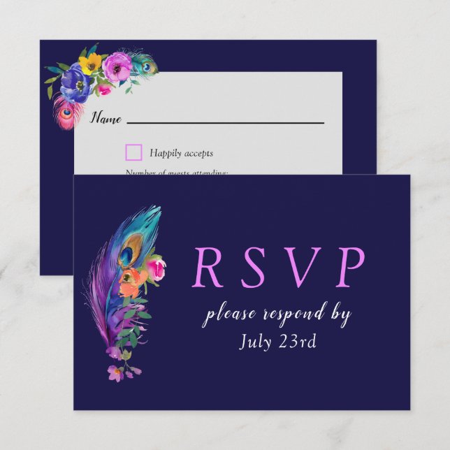 Peacock Feathers & Blume Quinceañera RSVP Karte (Vorne/Hinten)