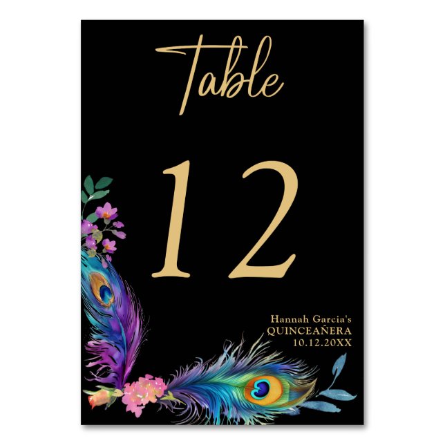 Peacock Feathers & Blume Quinceañera Tischnummer (Vorderseite)