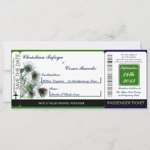 Peacock Feathers Boarding Pass Hochzeit Einladung