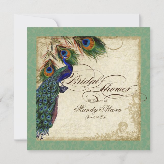 Peacock & Feathers Brautparty laden zu Grün ein Einladung (Vorderseite)