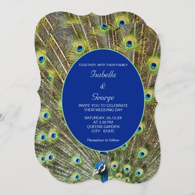 Peacock Feathers & Calligraphy on Blue Wedding Einladung (Vorne/Hinten)