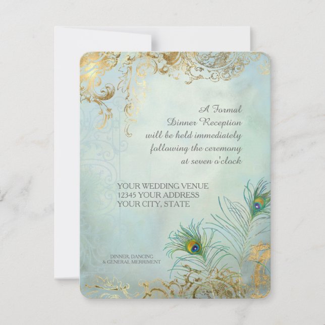 Peacock Feathers Elegantes Hochzeitessen Empfang Einladung (Vorderseite)