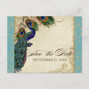 Peacock & Feathers Formal Save the Date Aqua Blue Ankündigungspostkarte
