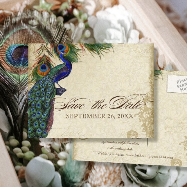 Peacock & Feathers Formal Save the Date Aqua Blue Ankündigungspostkarte (Von Creator hochgeladen)