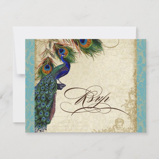Peacock & Feathers Formal UAWG Response Aqua Blue RSVP Karte (Vorderseite)