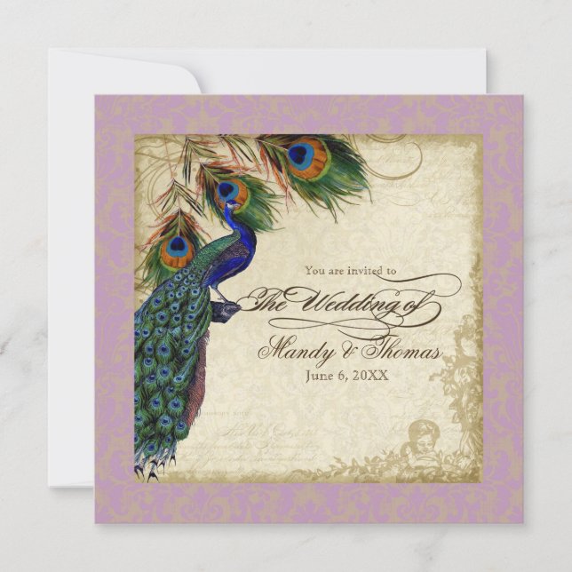 Peacock & Feathers Formal Wedding Lavender Einladung (Vorderseite)