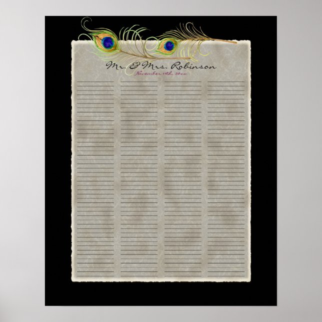 Peacock Feathers Gästebuch-Plakat Poster (Vorne)