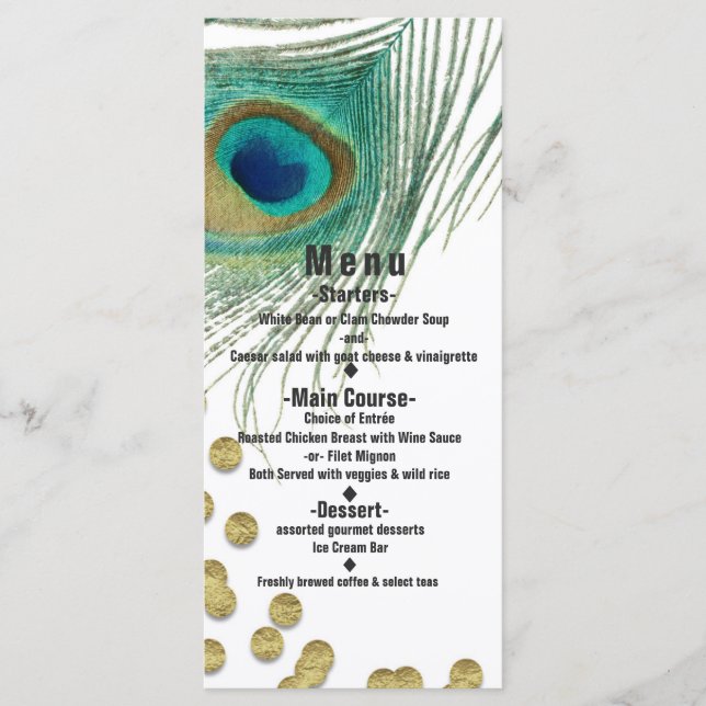 Peacock Feathers & Gold Boho Glam Party Menu Card Menükarte (Vorderseite)