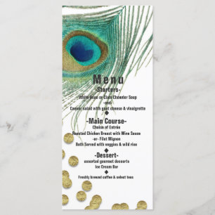 Peacock Feathers & Gold Boho Glam Party Menu Card Menükarte