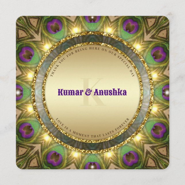Peacock Feathers Gold Glow Indian Wedite Einladung (Vorderseite)