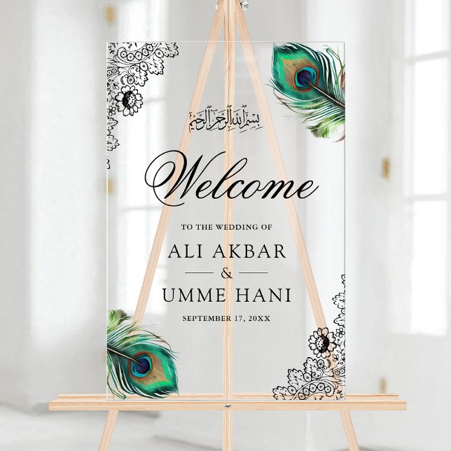 Peacock Feathers Lace Muslim Wedding Welcome Acrylschild (Von Creator hochgeladen)