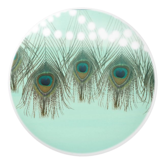 Peacock Feathers & Lights Rustikaler Chic Elegante Keramikknauf (Vorderseite)