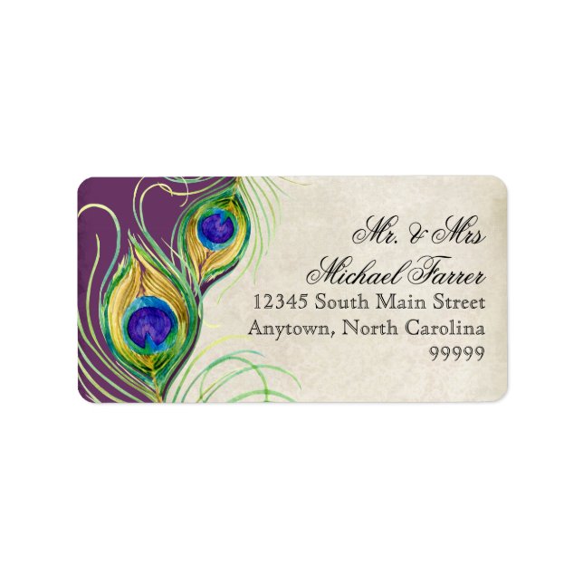 Peacock Feathers Modern Wedding Matching Labels Adressaufkleber (Vorne)