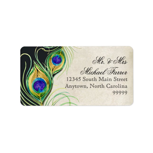Peacock Feathers Modern Wedding Matching Labels Adressaufkleber (Vorne)