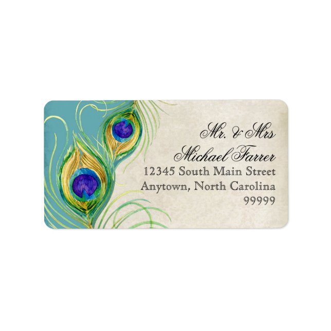Peacock Feathers Modern Wedding Matching Labels Adressaufkleber (Vorne)