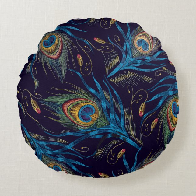 Peacock Feathers Nahtloses Muster Rundes Kissen (Vorderseite)