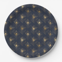 Peacock Feathers Navy Blue Gold Print Stilvoll
