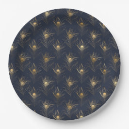 Peacock Feathers Navy Blue Gold Print Stilvoll Pappteller