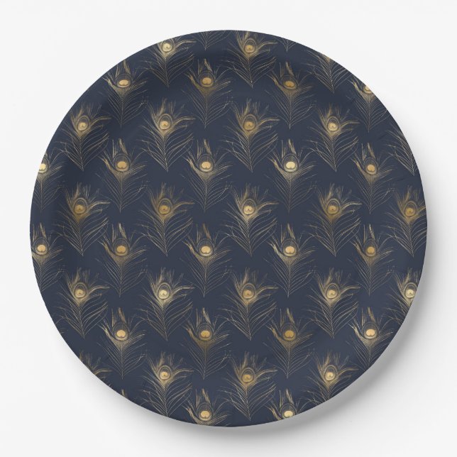 Peacock Feathers Navy Blue Gold Print Stilvoll Pappteller (Vorderseite)