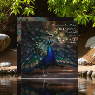 Peacock Feathers on Black Wedding Einladung