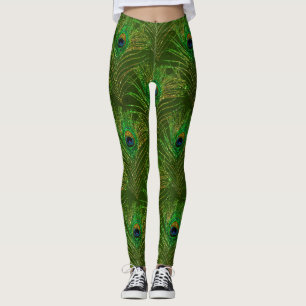 Peacock Feathers Peacocks Green Gold Glitzer Leggings