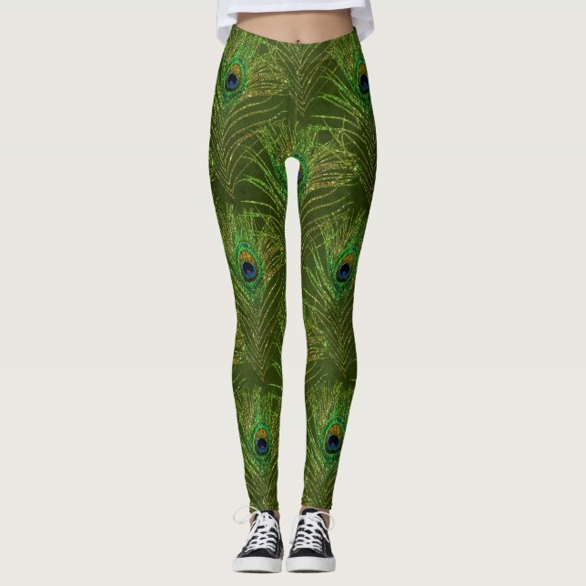 Peacock Feathers Peacocks Green Gold Glitzer Leggings (Vorderseite)