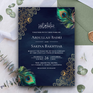 Peacock Feathers QR Code Navy Blue Muslim Hochzeit Einladung