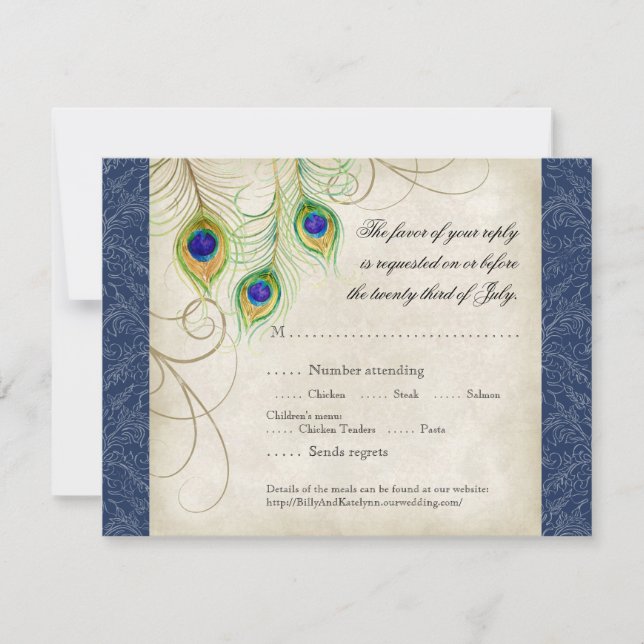 Peacock Feathers Royal Blue Wedding Einladung (Vorderseite)