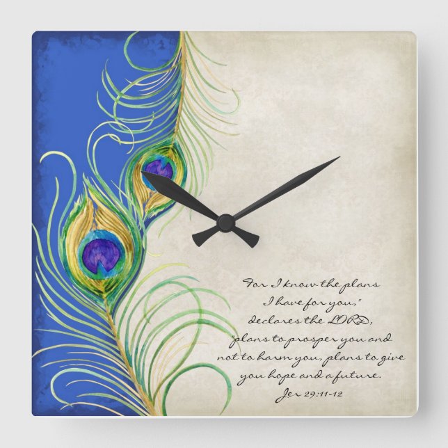 Peacock Feathers Royal Damask Christliche Schrift Quadratische Wanduhr (Vorderseite)