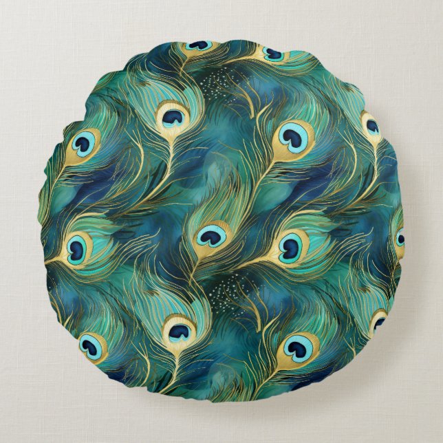Peacock Feathers Rundes Kissen (Vorderseite)