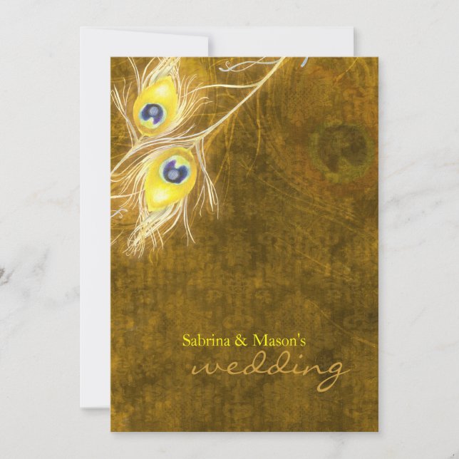 Peacock Feathers Rustic Fall Brown Wedding Einladung (Vorderseite)