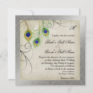 Peacock Feathers Silver Damask Wedding Stationery Einladung