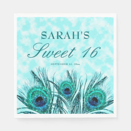 Peacock Feathers Sweet 16 Glittery Feathers Serviette
