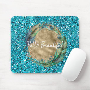 Peacock Feathers Turquoise Blue Glitzer Mousepad