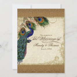 Peacock & Feathers Vintages Gold Look Damask Swirl Einladung