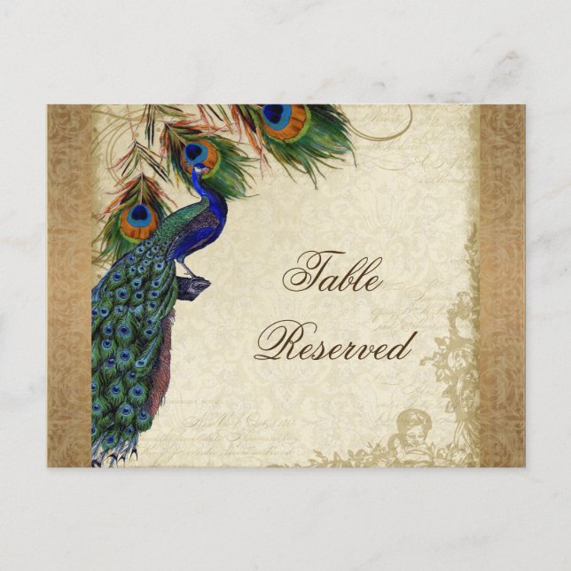 Peacock & Feathers Vintages Gold Look Damask Swirl Postkarte (Vorderseite)