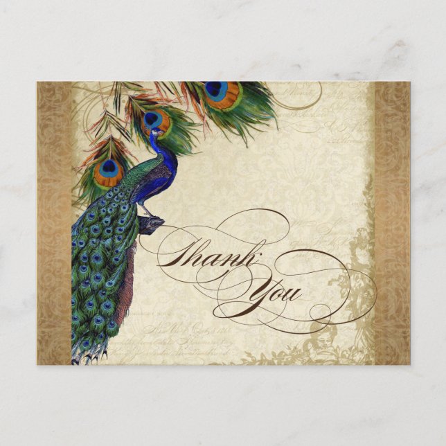 Peacock & Feathers Vintages Gold Look Damask Swirl Postkarte (Vorderseite)