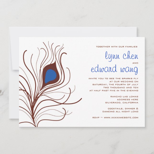 Peacock Feder Wedding Einladung - Kobaltblau (Vorderseite)