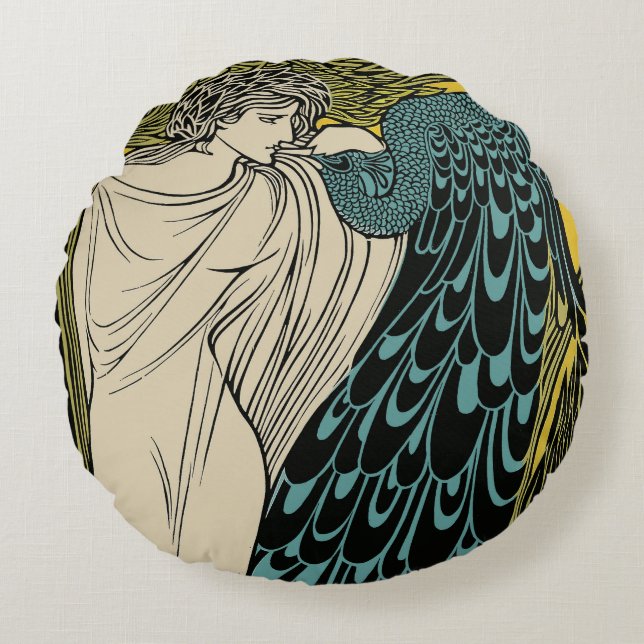 Peacock Fine Art Bird Nouveau Rundes Kissen (Vorderseite)